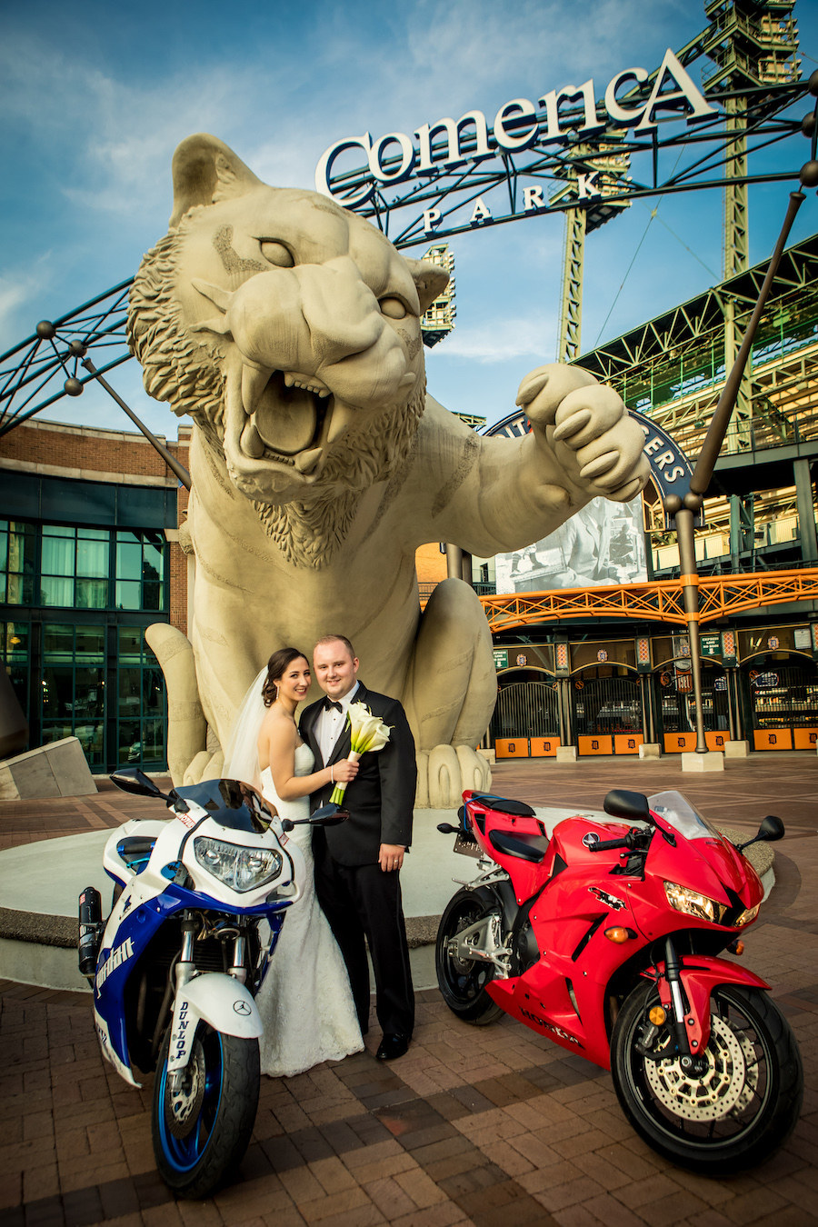 bride and groom comerica park with motor bikes wedding transportation