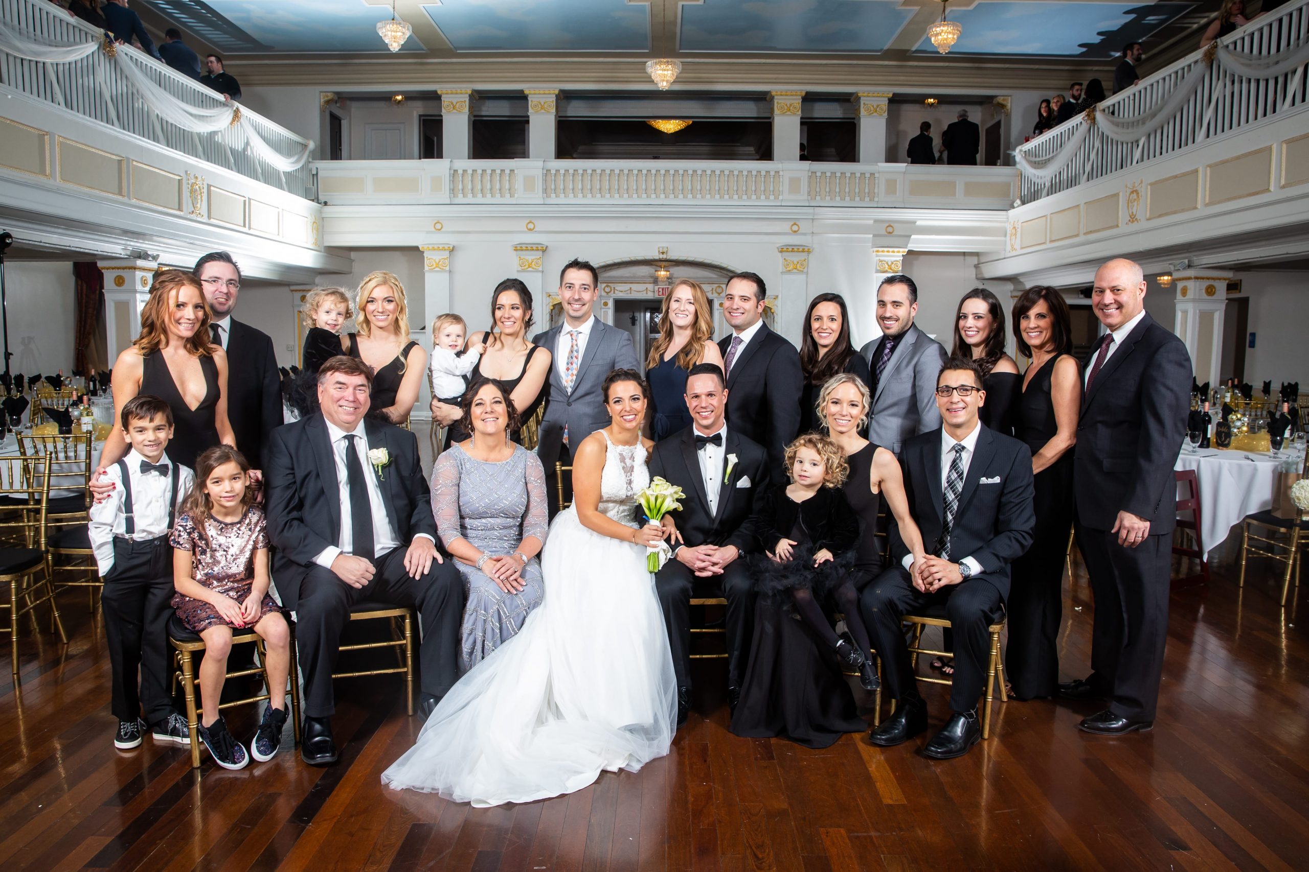 family formal wedding photos at reception