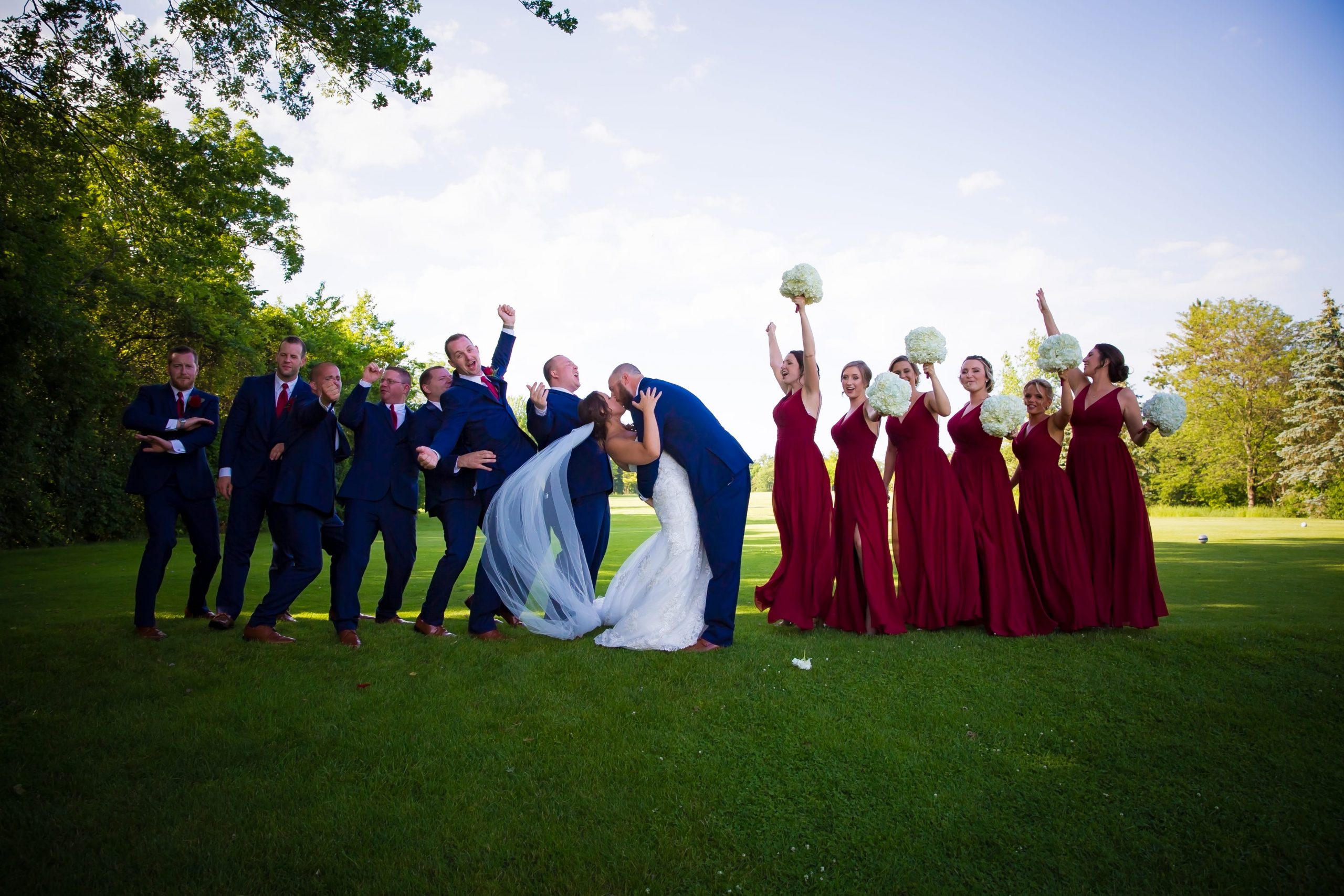 red and blue bridal party 