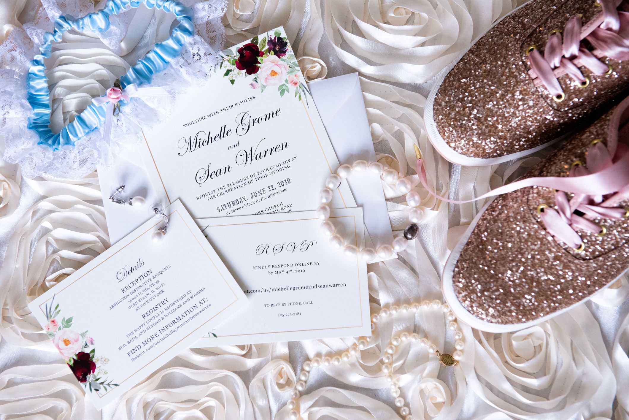 invitation flat lay with sparkly wedding shoes