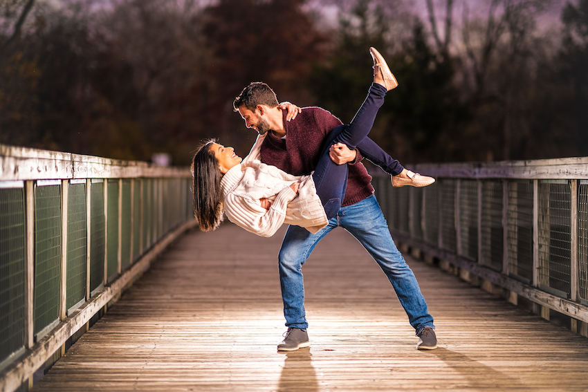 engagement session on bridge in fall