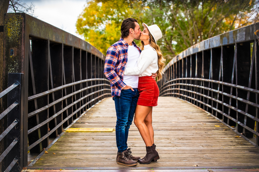 fall engagement session on bridge popular days to get engaged