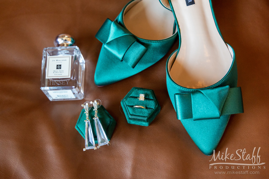 teal satin wedding shoes and brides jewelry
