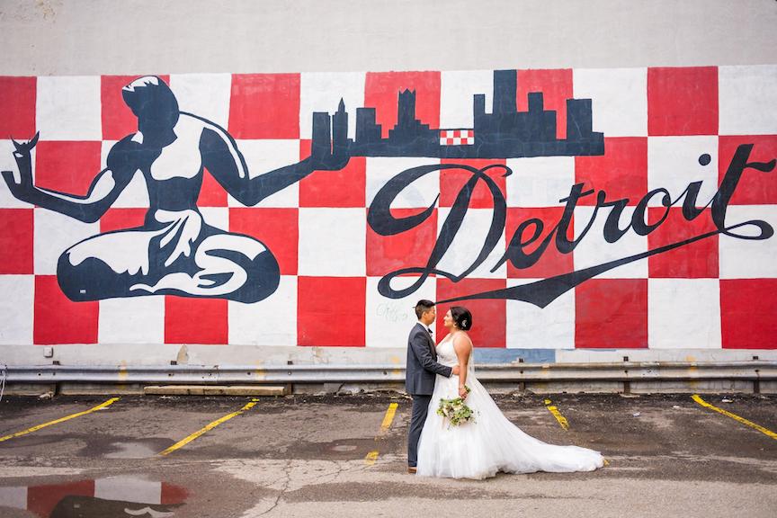 bride and groom detroit red and white sign