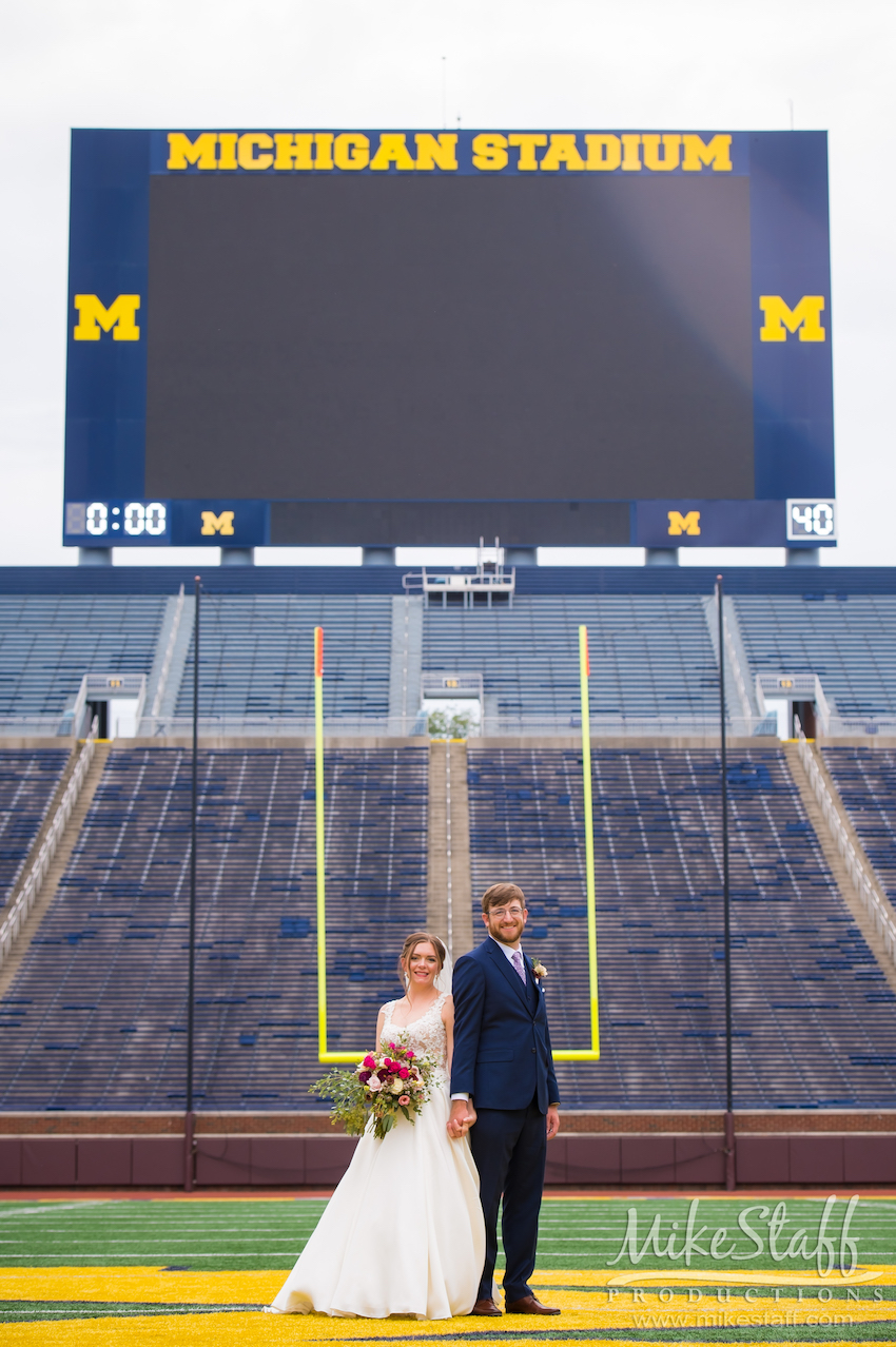 Michigan Stadium Wedding Photo with scoreboard