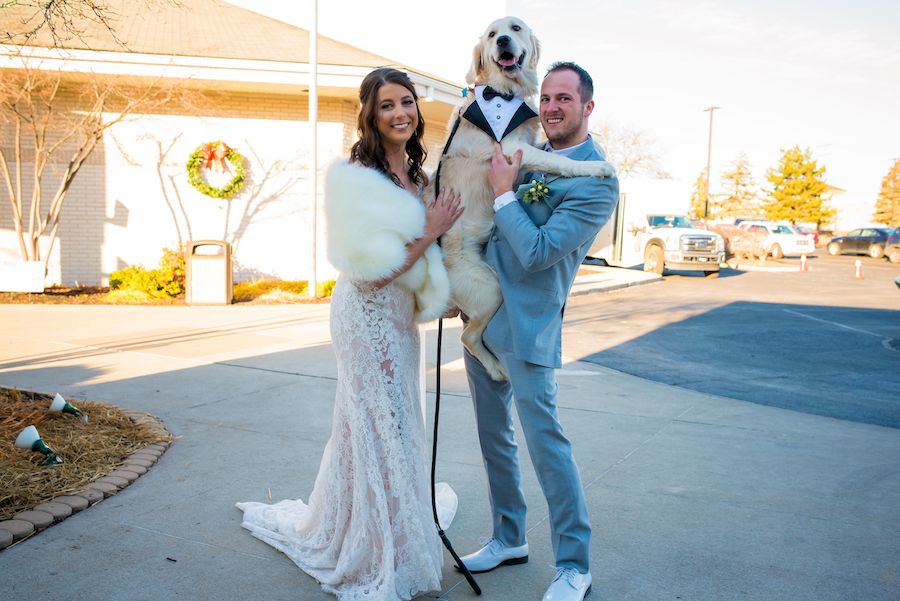 groom holding dog on wedding day