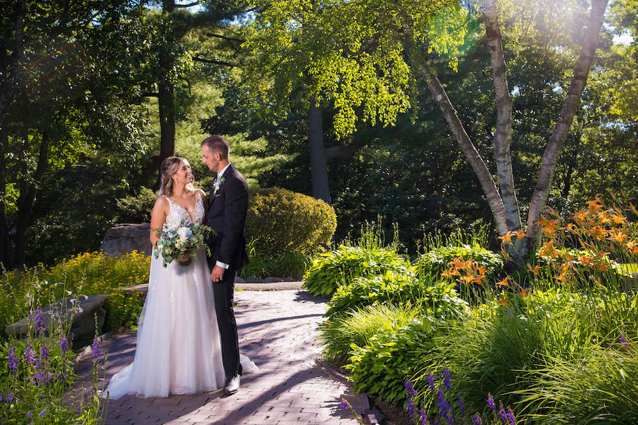 bride and groom portrait in pine knob gardens pine knob weddings