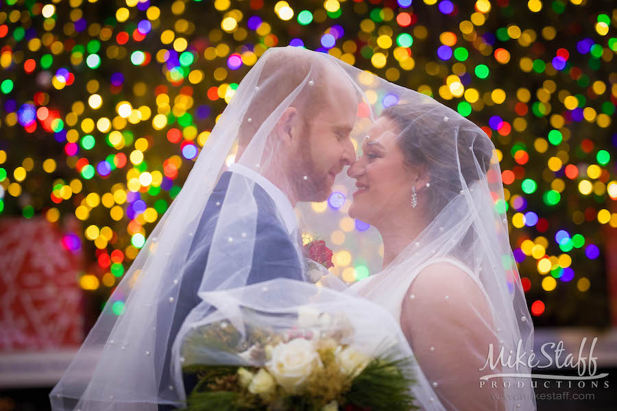 veil over bride and groom by campus martius christmas tree
