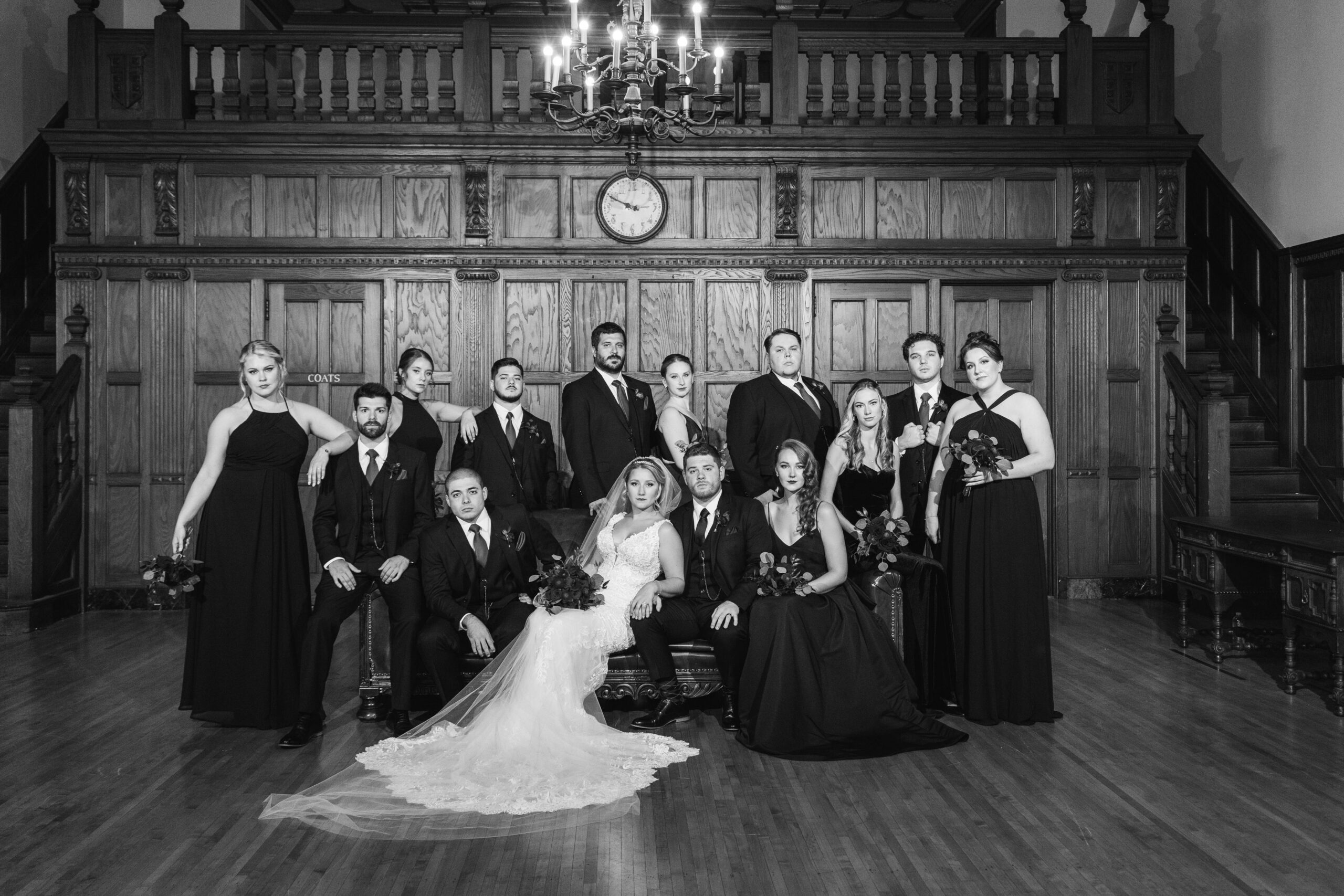 Detroit Wedding Photography at Masonic Temple_black and white bridal party portrait